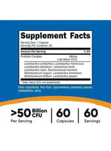 Supplement Facts panel with serving size, probiotic complex amount, and percentages