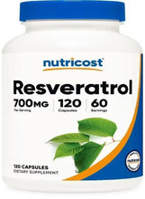 Resveratrol supplement bottle, 700 mg, 120 capsules label