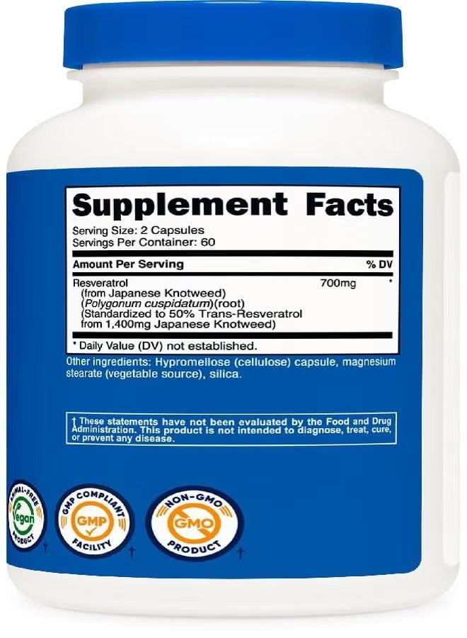 Nutricost Resveratrol Supplement 700mg in a bottle with 60 capsules for antioxidant support