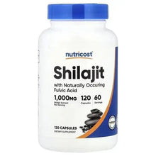 Nutricost Shilajit supplement bottle, white with blue cap, 120 capsules label