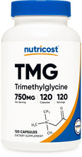 Nutricost TMG supplement bottle with blue cap, 120 capsules, 750mg TMG