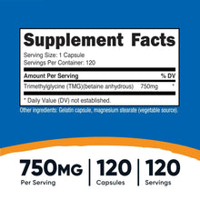 Nutricost Supplement Facts close-up with 750mg TMG and 120 capsules per container