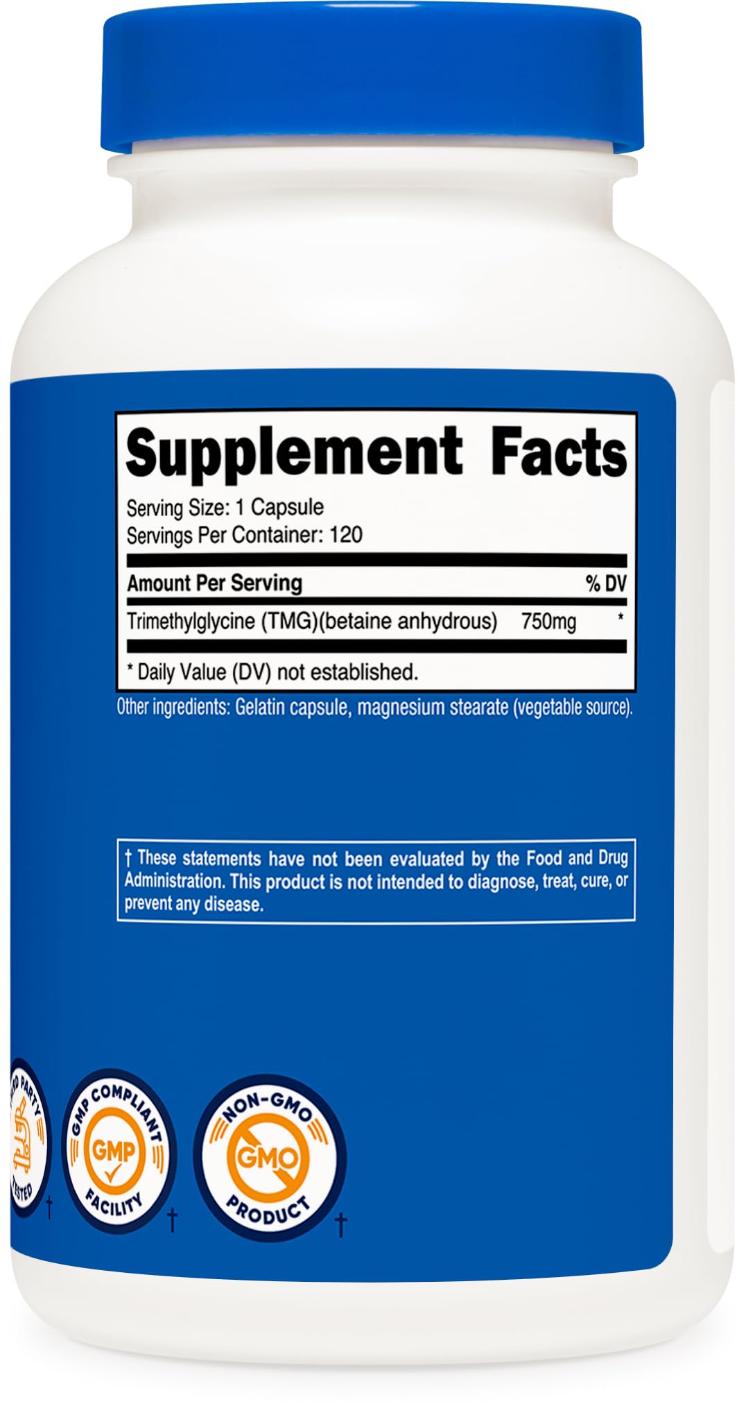 Nutricost TMG supplement 750mg in a white bottle with a blue label and nutrition facts