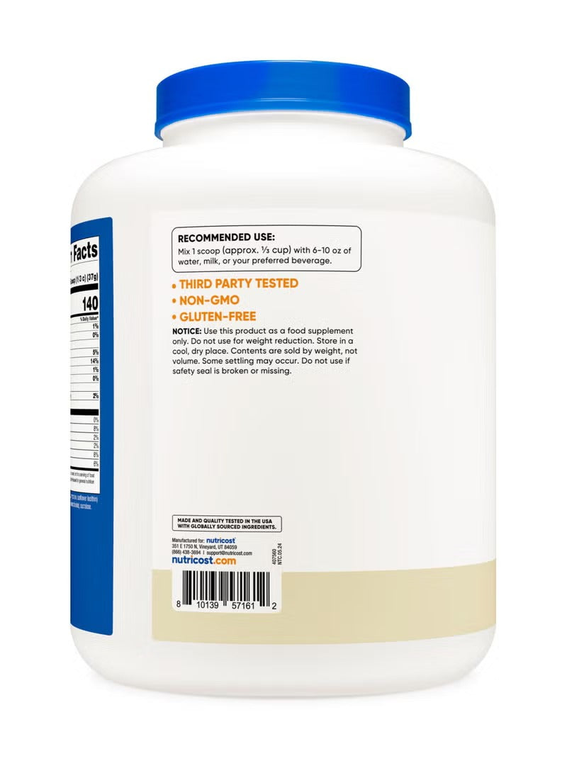 Nutricost vanilla whey protein isolate 5lb container with nutritional facts and recommended use