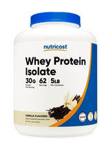 Vanilla whey protein isolate tub with blue cap, front label and 5 lb size