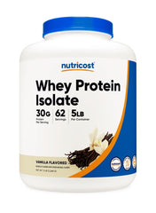 Nutricost Vanilla Whey Protein Isolate 5lb container with 30g protein per serving and vanilla flavor