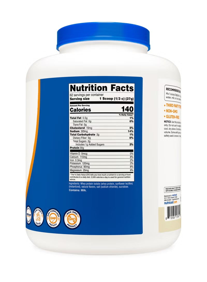 Nutricost vanilla whey protein isolate 5lb container with nutrition facts on the side