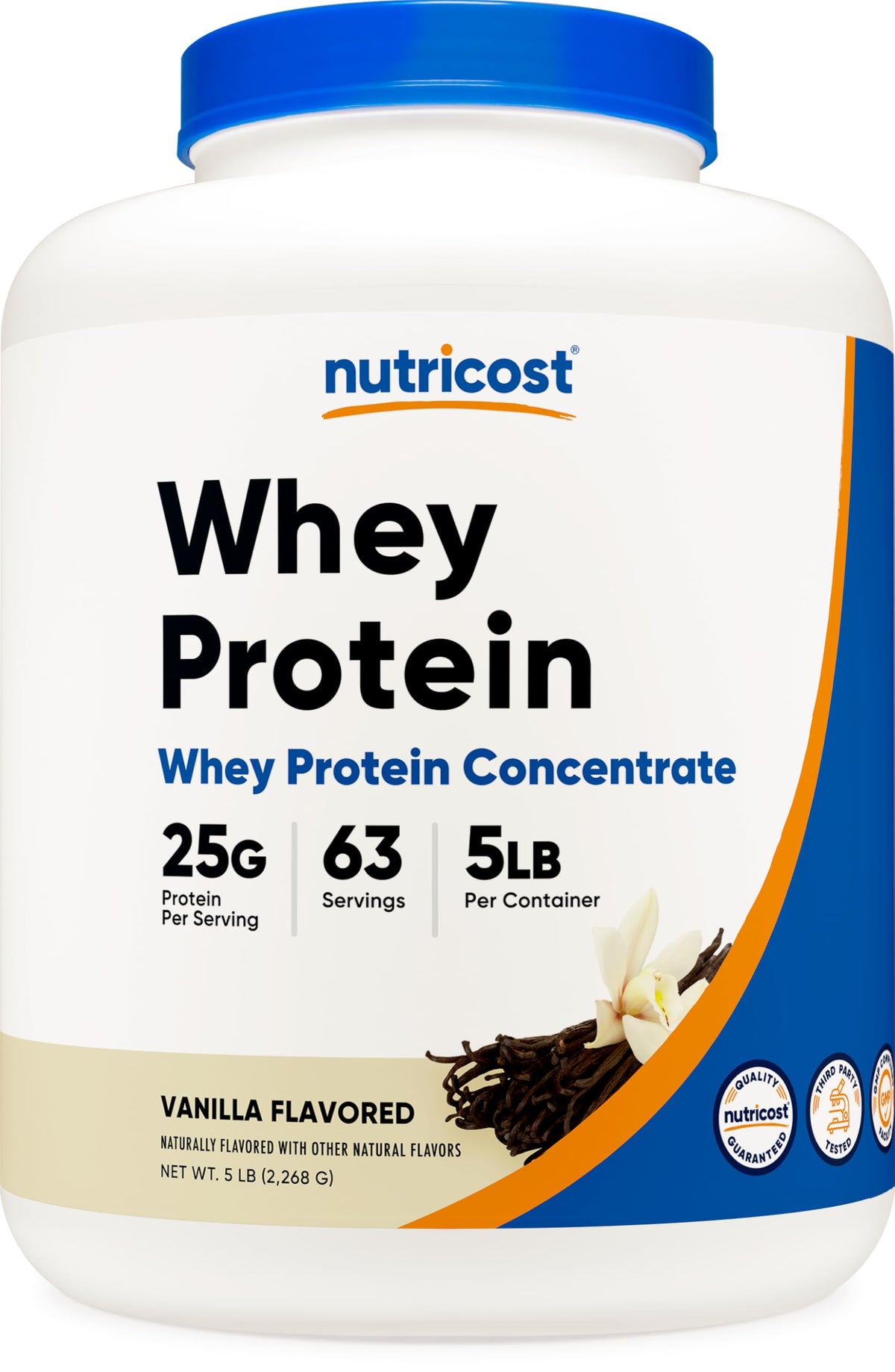 Nutricost Vanilla Whey Protein Powder UAE with 25G of protein per serving in a 5LB container