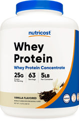 Nutricost Vanilla Whey Protein Powder UAE with 25G of protein per serving in a 5LB container