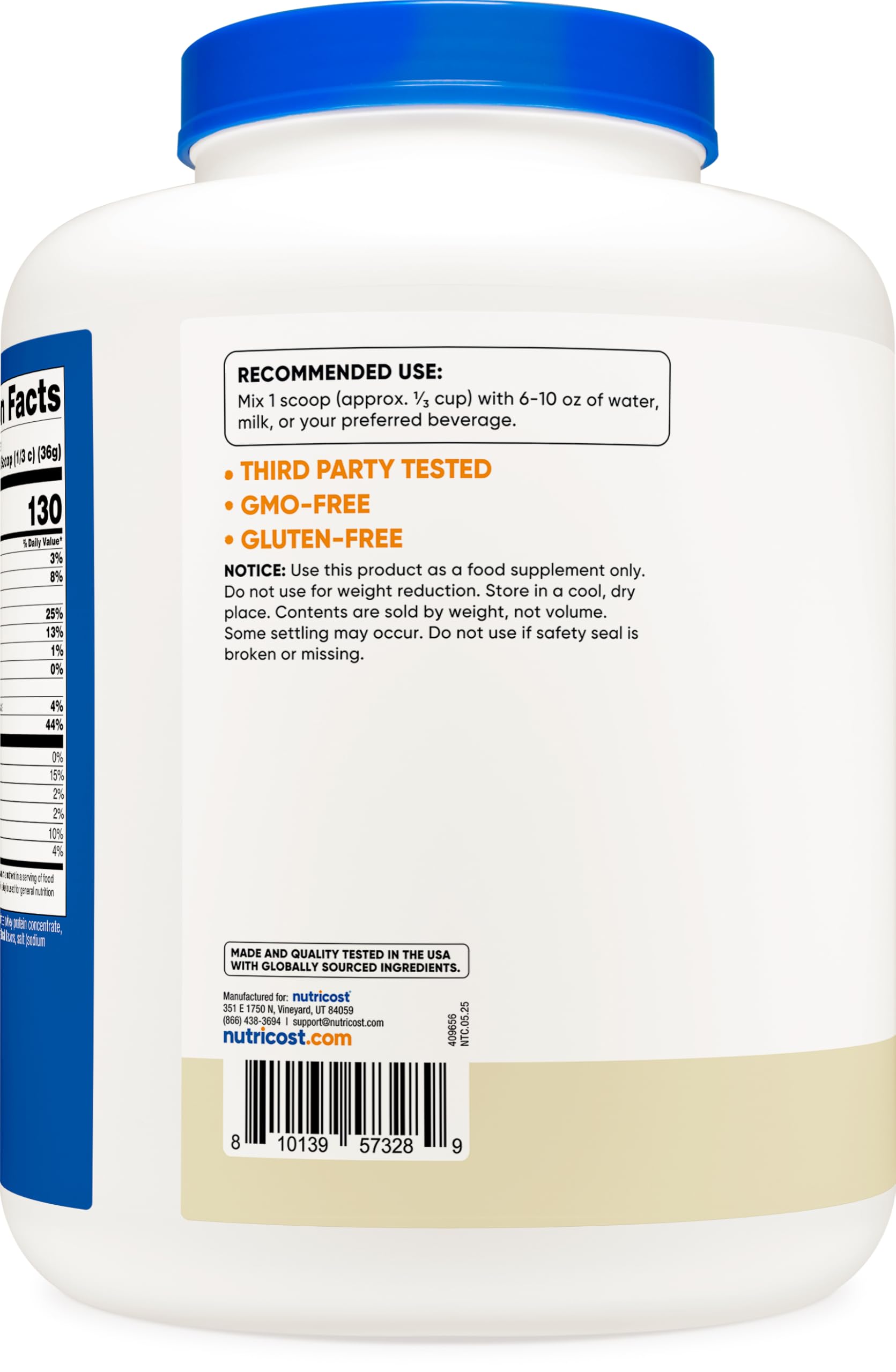 Nutricost Vanilla Whey Protein Powder UAE in a large container with nutritional information on the label