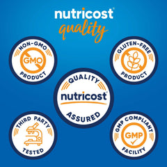 Nutricost product quality badges highlighting non-GMO, gluten-free, and third-party tested for vanilla whey protein powder UAE