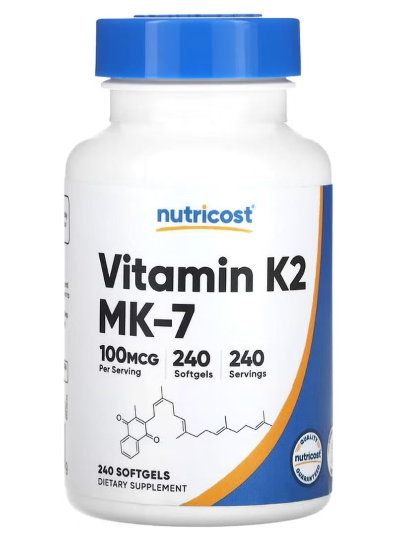 Nutricost Vitamin K2 100 mcg supplement in softgel form with 240 servings for bone health.