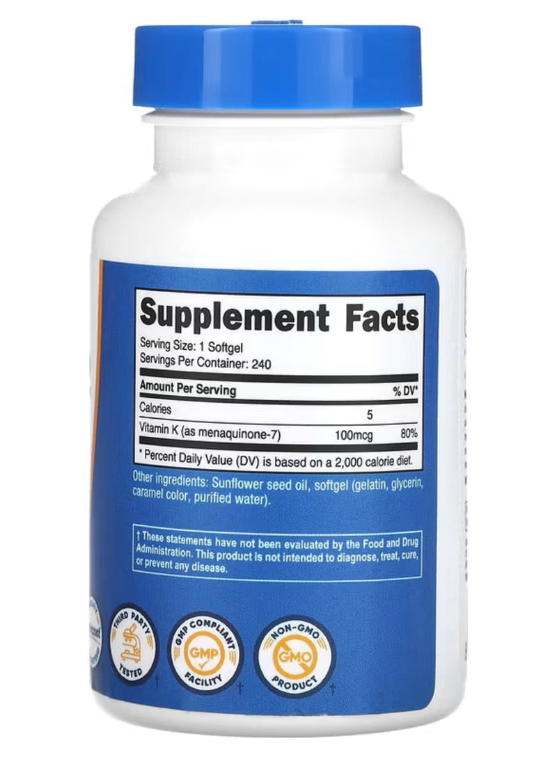 Nutricost Vitamin K2 100 mcg supplement in a 240 softgel bottle with nutritional facts