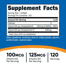 Supplement Facts label with Vitamin D3 125 mcg and Vitamin K2 100 mcg