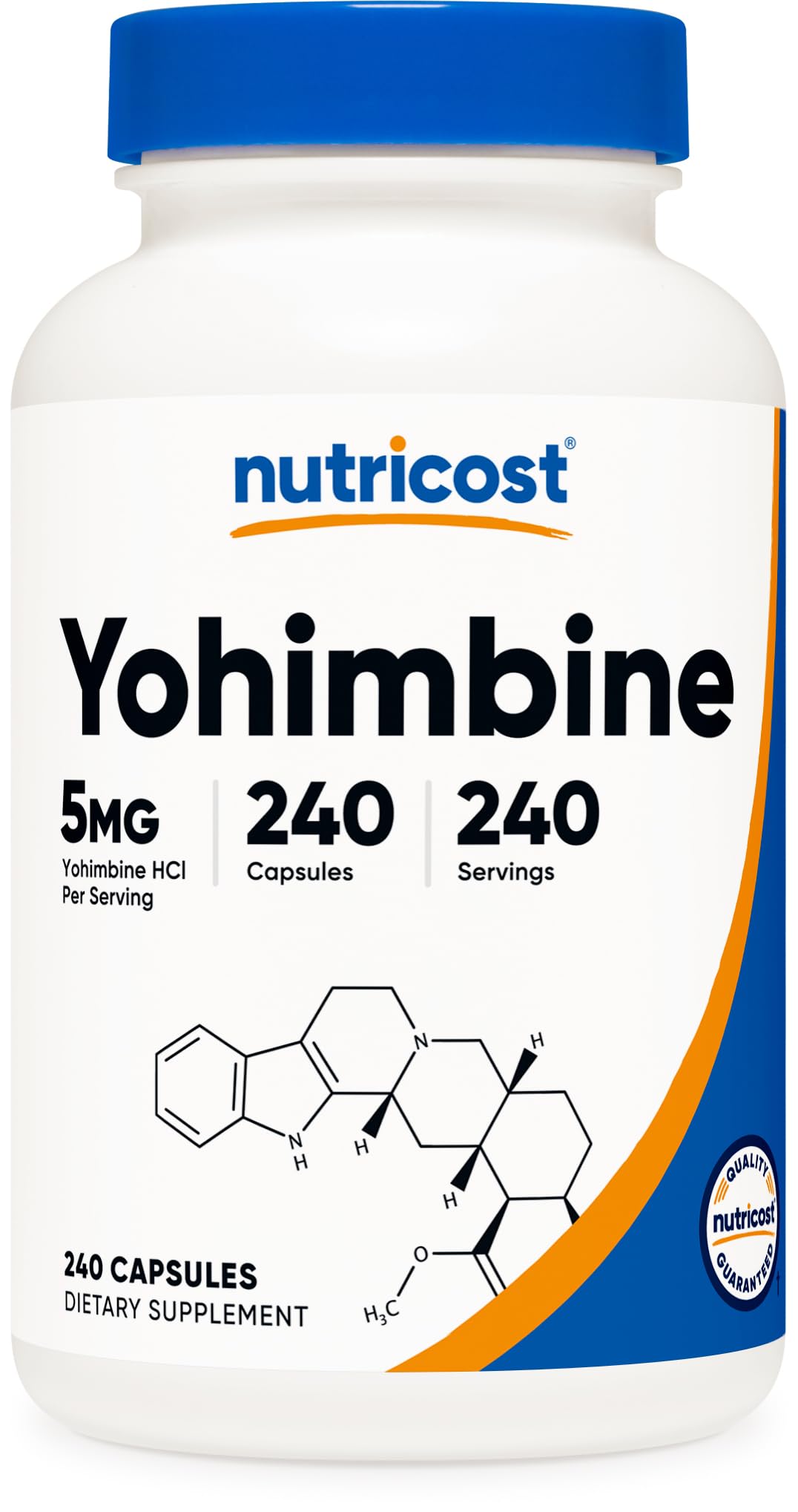Nutricost bottle of Yohimbine HCl 5mg supplement 240 capsules white bottle blue cap label with molecule art