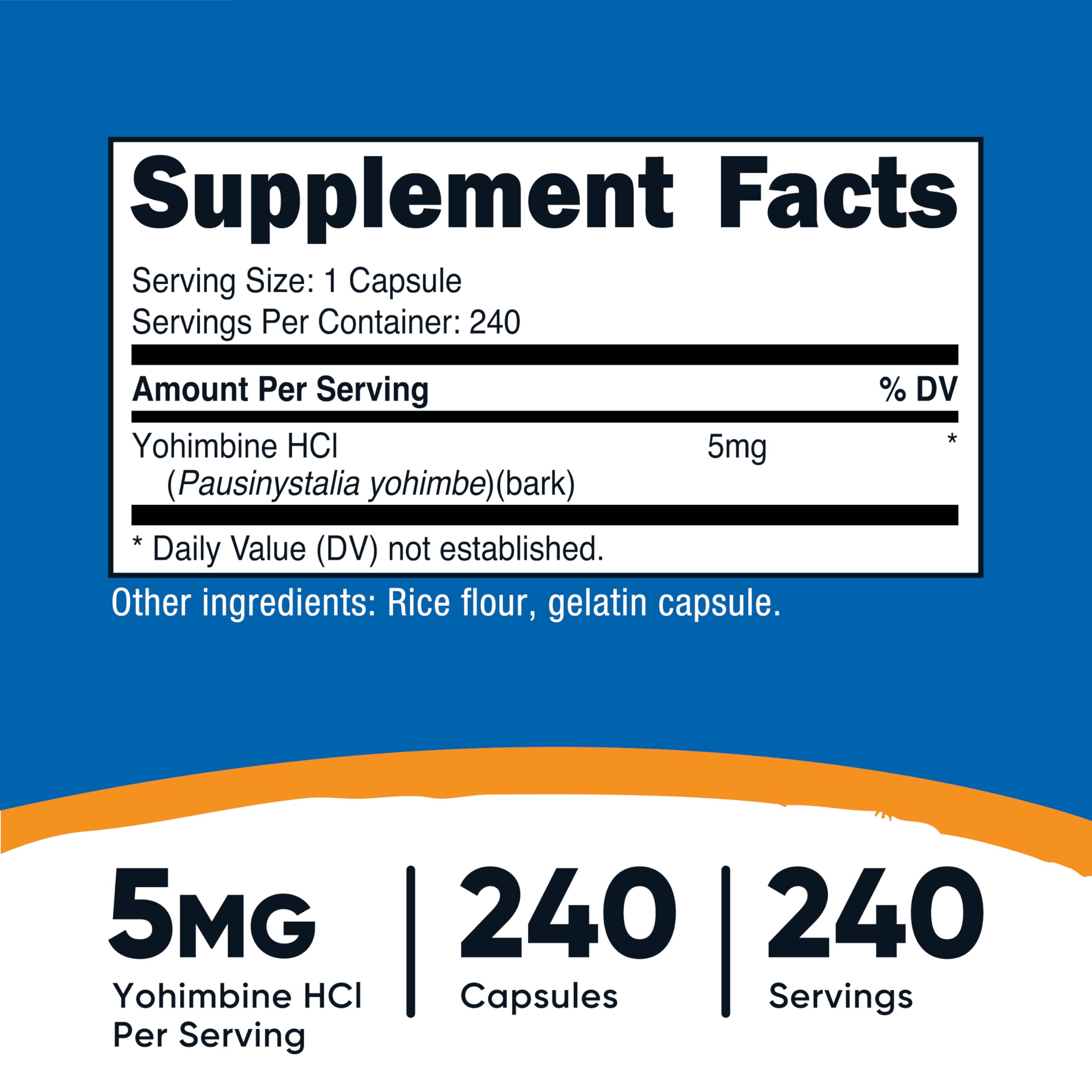 Nutricost supplement facts label showing Yohimbine HCl 5mg supplement with 240 capsules and 240 servings