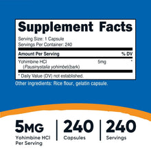 Supplement Facts label for Yohimbine HCl 5 mg capsules, 240 servings