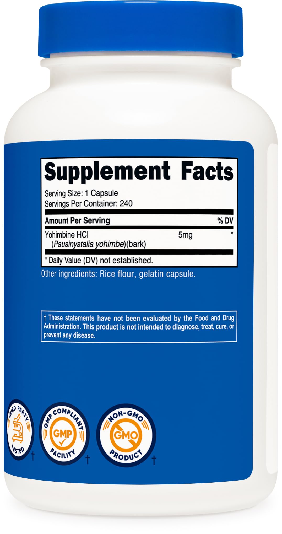 Nutricost white bottle showing Supplement Facts label listing Yohimbine HCl 5mg supplement per capsule