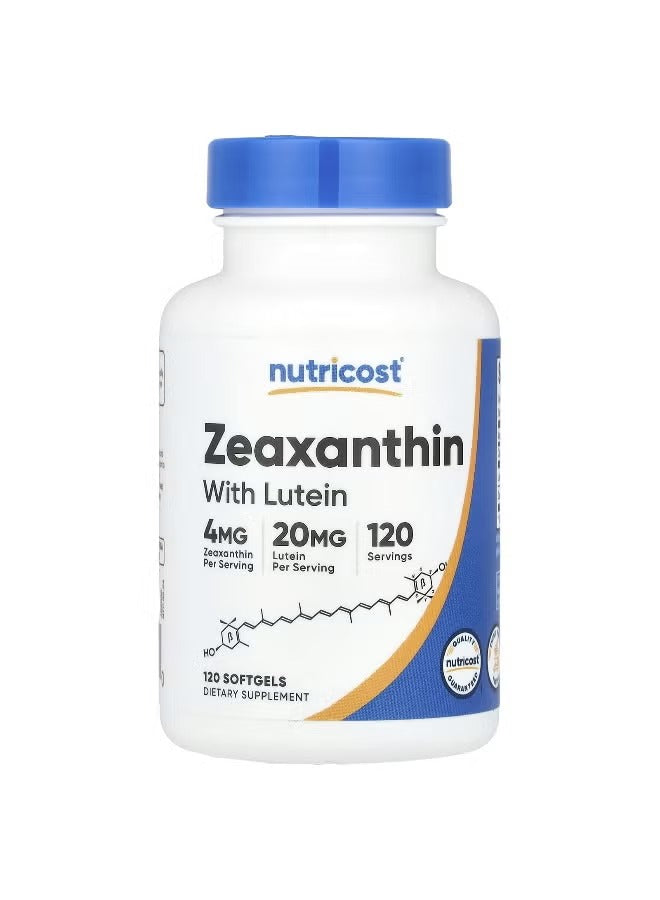 Nutricost Zeaxanthin with Lutein supplement in a bottle containing 120 softgels for eye health support