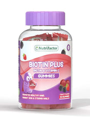 Nutrifactor Biotin Plus Gummies with Vitamin C for hair growth, promoting healthy hair and strong nails