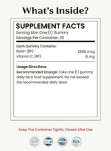 Supplement facts panel for Biotin Plus gummies, serving size and nutrients