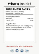 Supplement facts label showing biotin 2500 mcg per gummy and vitamin C 15 mg
