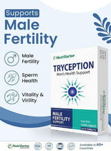 Tryception male fertility support supplement box with male fertility benefit icons