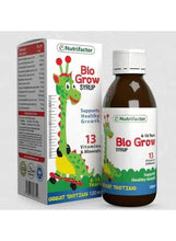BioGrow multivitamin syrup bottle and box, brown bottle with white cap and green label