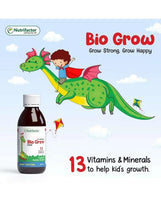 BioGrow multivitamin syrup bottle with dragon graphic and text about 12 vitamins and minerals
