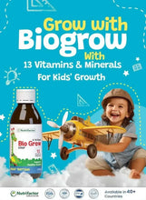 BioGrow multivitamin syrup bottle with 13 vitamins and minerals banner for kids growth