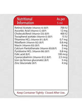 Multivitamin syrup bottle label showing nutritional information and keep closed after use note
