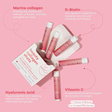 Beauty collagen shots lineup with pink vials and ingredient benefit callouts