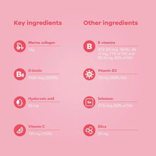 Collagen shots supplement facts panel with key ingredient icons