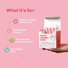 Nutrili collagen shots box held in hand on pink backdrop listing benefits and marine collagen shots for hair skin and nails