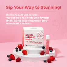 Beauty collagen shots box and pink vial on a plate with berries