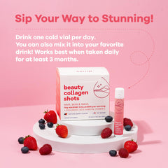 Nutrili beauty collagen shots box and single vial on pink backdrop with berries marine collagen shots for hair skin and nails