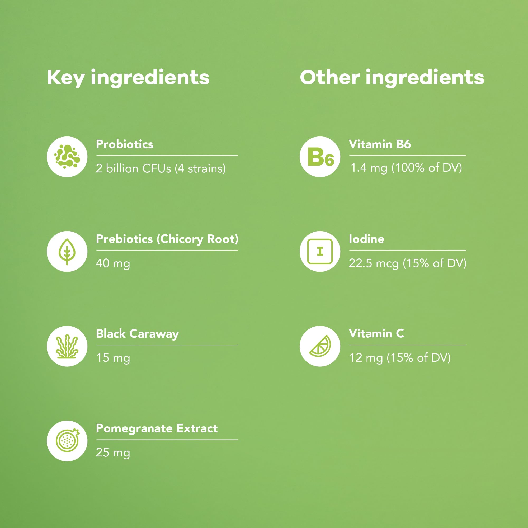 Nutrili supplement ingredients card showing probiotics prebiotics and vitamins list probiotic gummies for digestion
