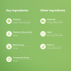Nutrili supplement ingredients card showing probiotics prebiotics and vitamins list probiotic gummies for digestion