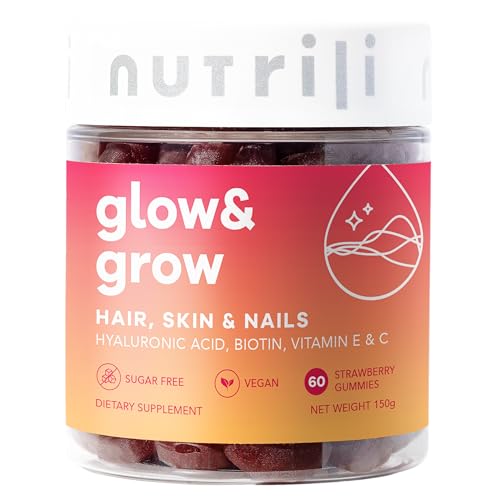Nutrili Glow and Grow jar of sugar free hair skin nails gummies strawberry flavor 60 vegan dietary supplement