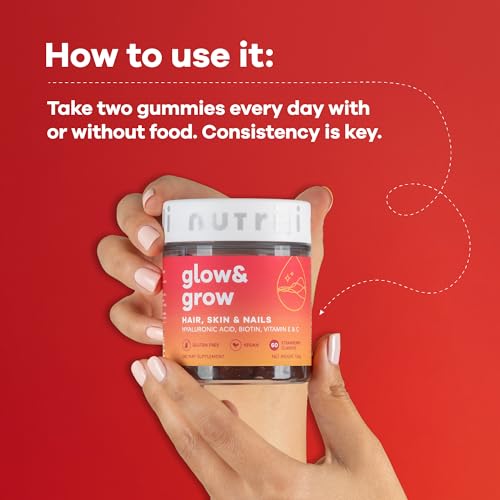 Nutrili Glow and Grow jar held in hands on red background showing sugar free hair skin nails gummies and usage directions