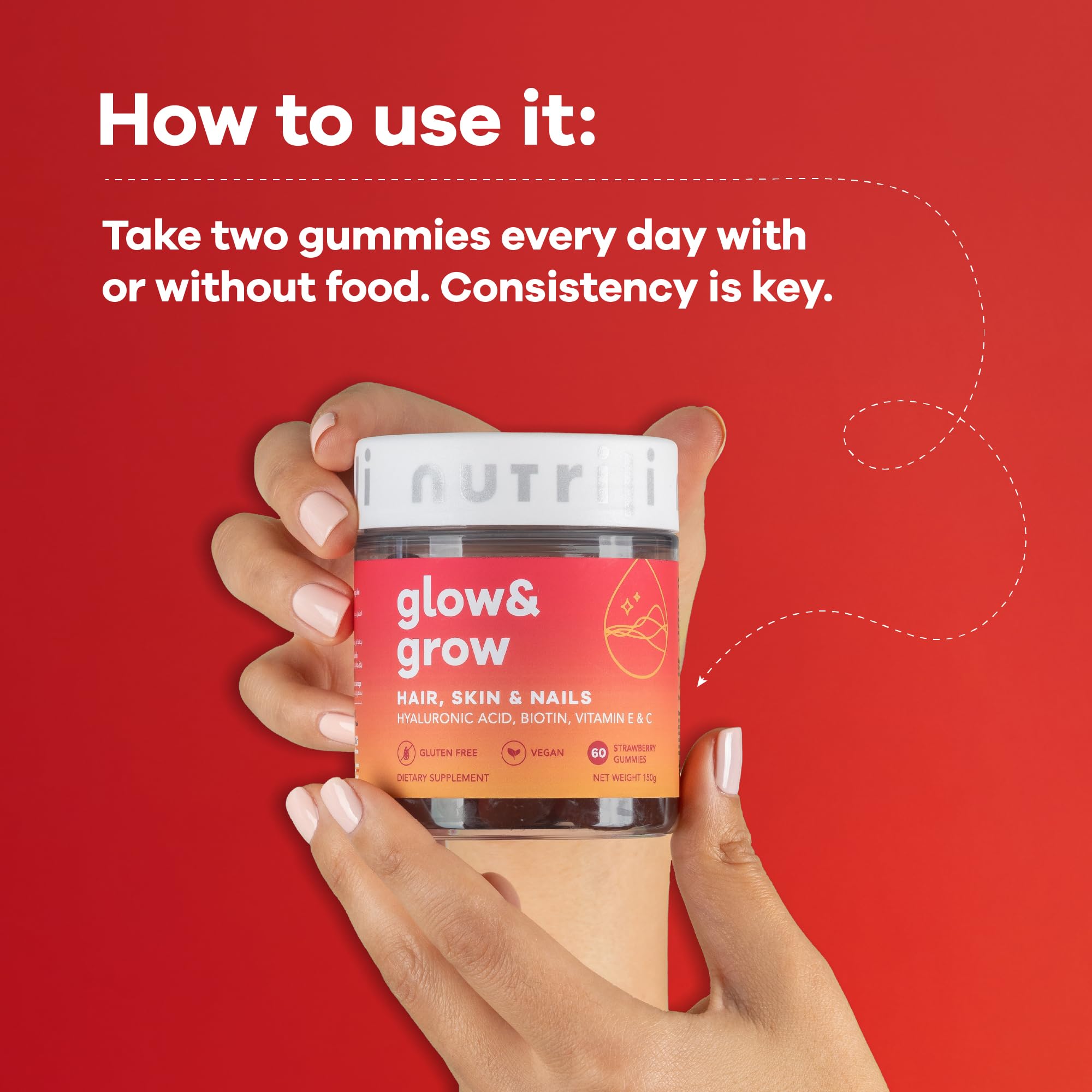Nutrili glow and grow jar of sugar free hair skin nails gummies held in hand against red background showing usage text