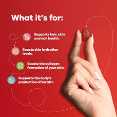 Nutrili sugar free hair skin nails gummies single red gummy held between fingers on red background listing benefits