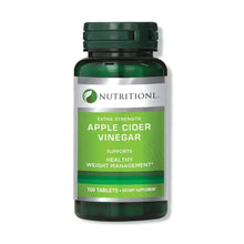 Apple cider vinegar dietary supplement bottle with Nutritionl label, extra strength, 100 tablets