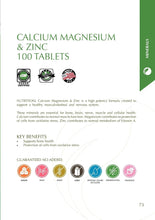Calcium magnesium and zinc 100 tablets information panel with certification seals