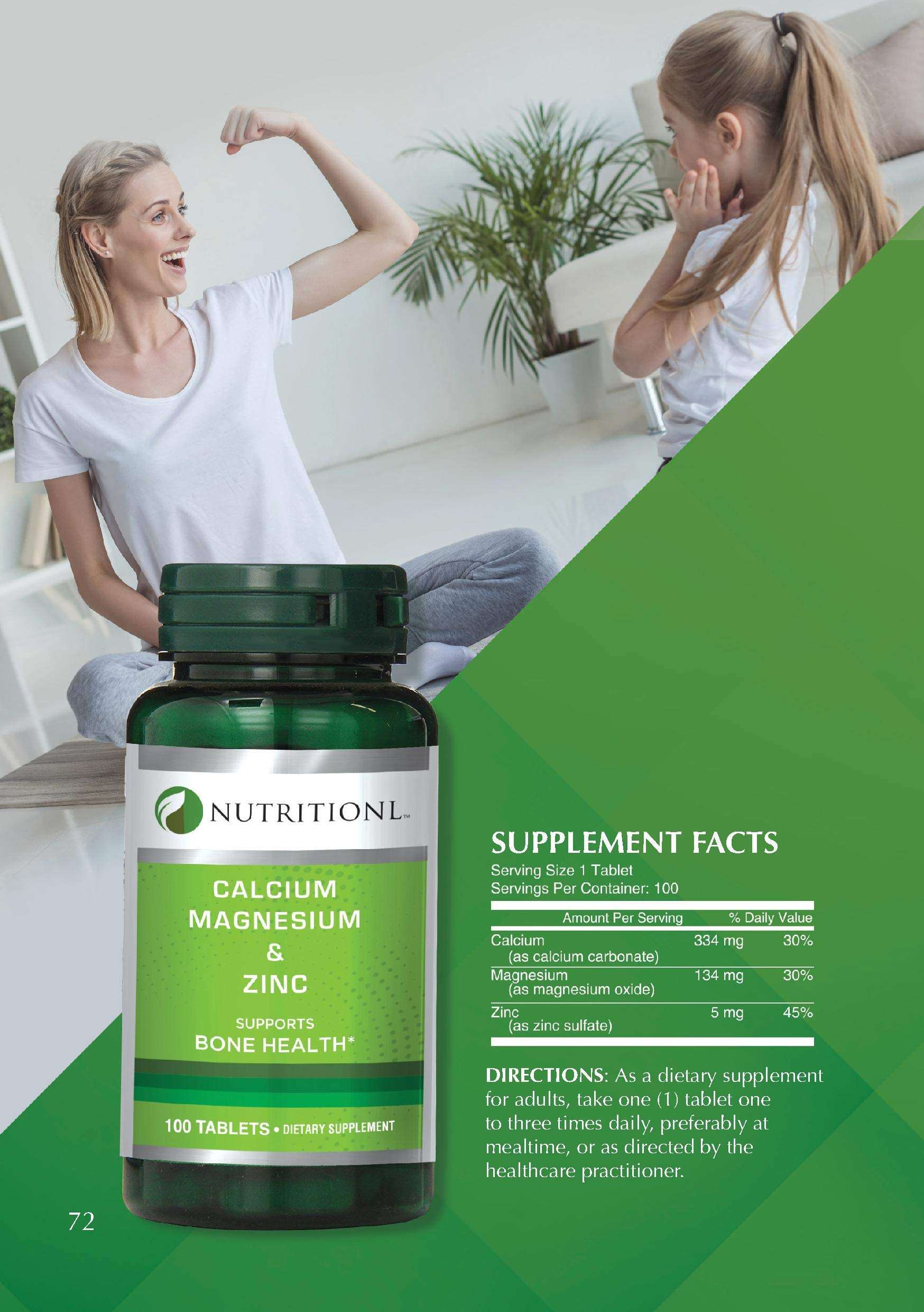 Nutritionl bottle of calcium magnesium zinc tablets UAE 100 tablets for bone health foreground mom and child exercising
