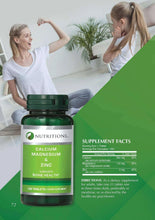 Calcium magnesium and zinc supplement bottle with Supplement Facts panel