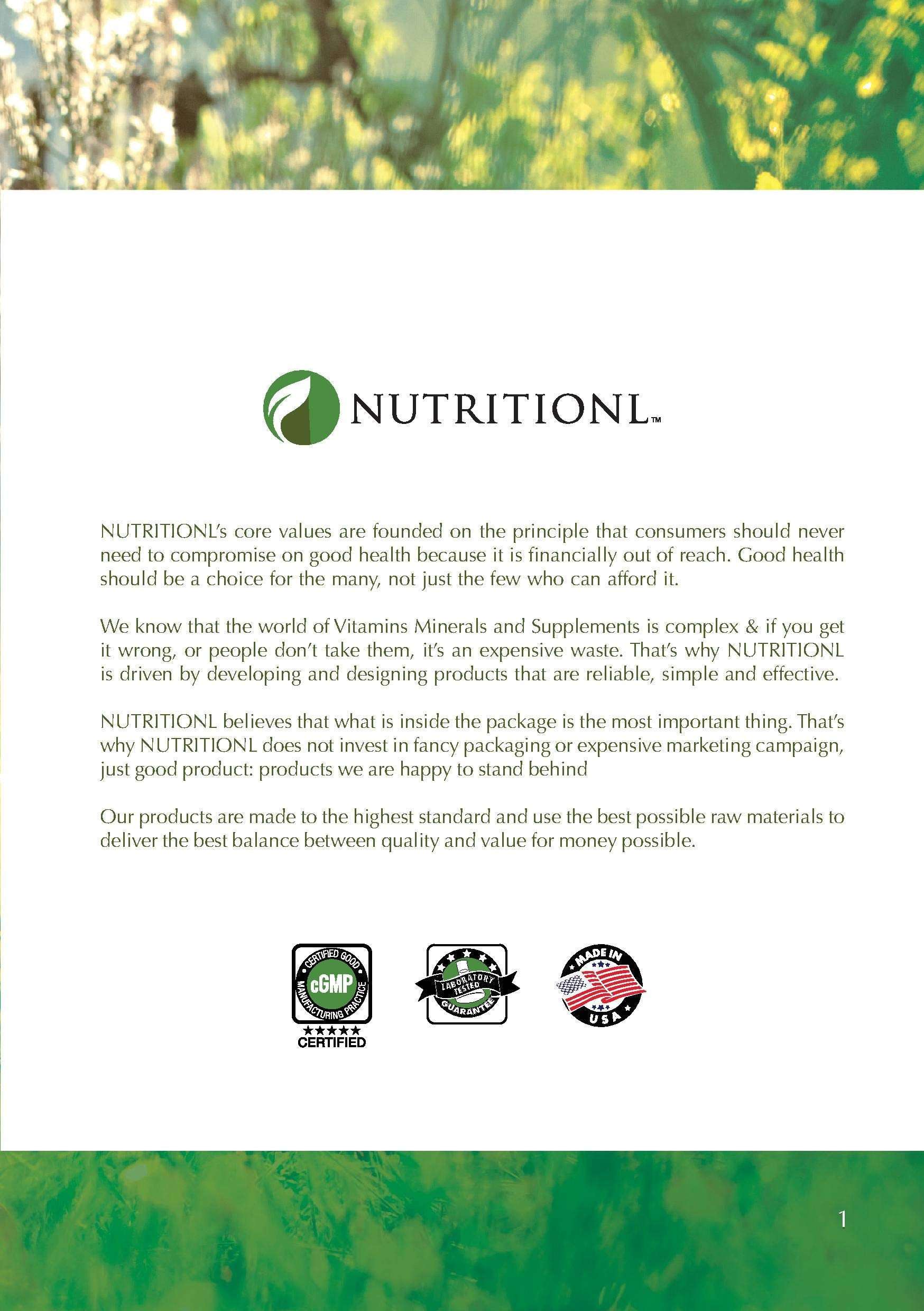 Nutritionl brand brochure page with logo and company text about supplements and calcium magnesium zinc tablets UAE