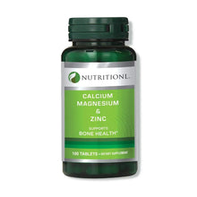 Calcium magnesium and zinc dietary supplement bottle with green label, 100 tablets