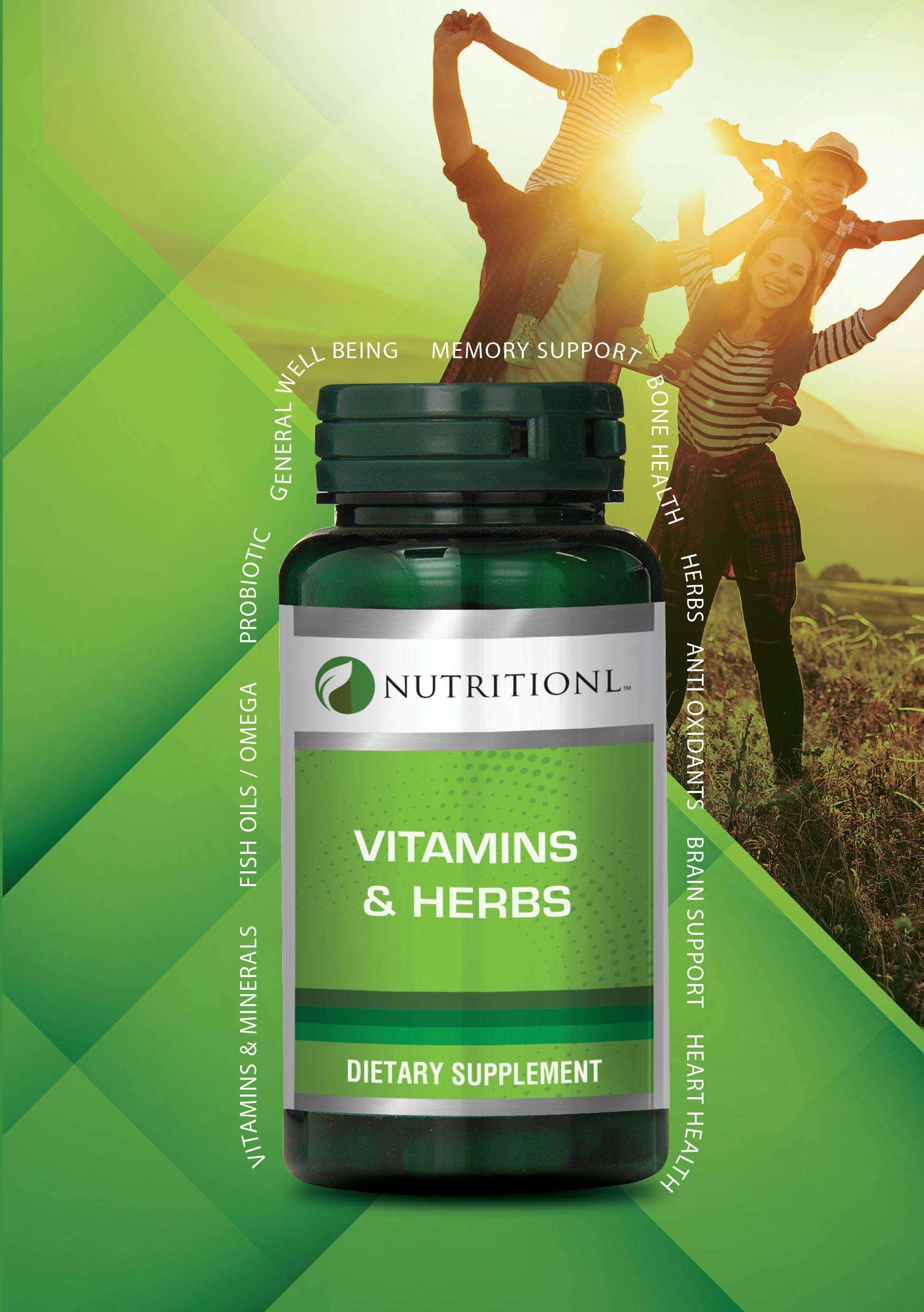 Nutritionl green Vitamins and Herbs dietary supplement bottle with family outdoors calcium magnesium zinc tablets UAE