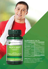 Nutritionl bottle of men's daily multivitamin supplement with smiling man in red shirt and label